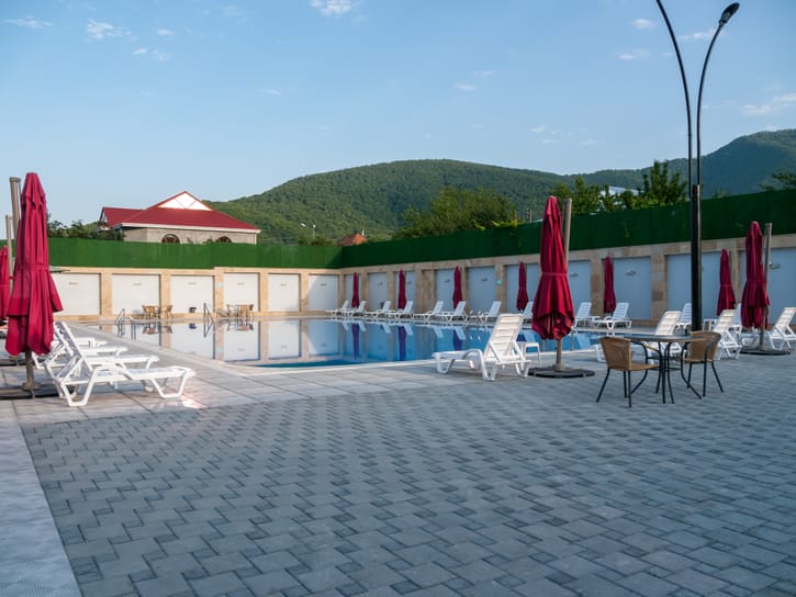 A hotel swimming pool, illustrative of a resort lagoon